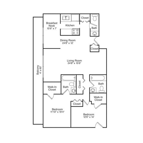 Floor plan for 2 beds, 2 baths, 1600 sqft